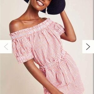 Anthropologie checkered off‎ the shoulder romper